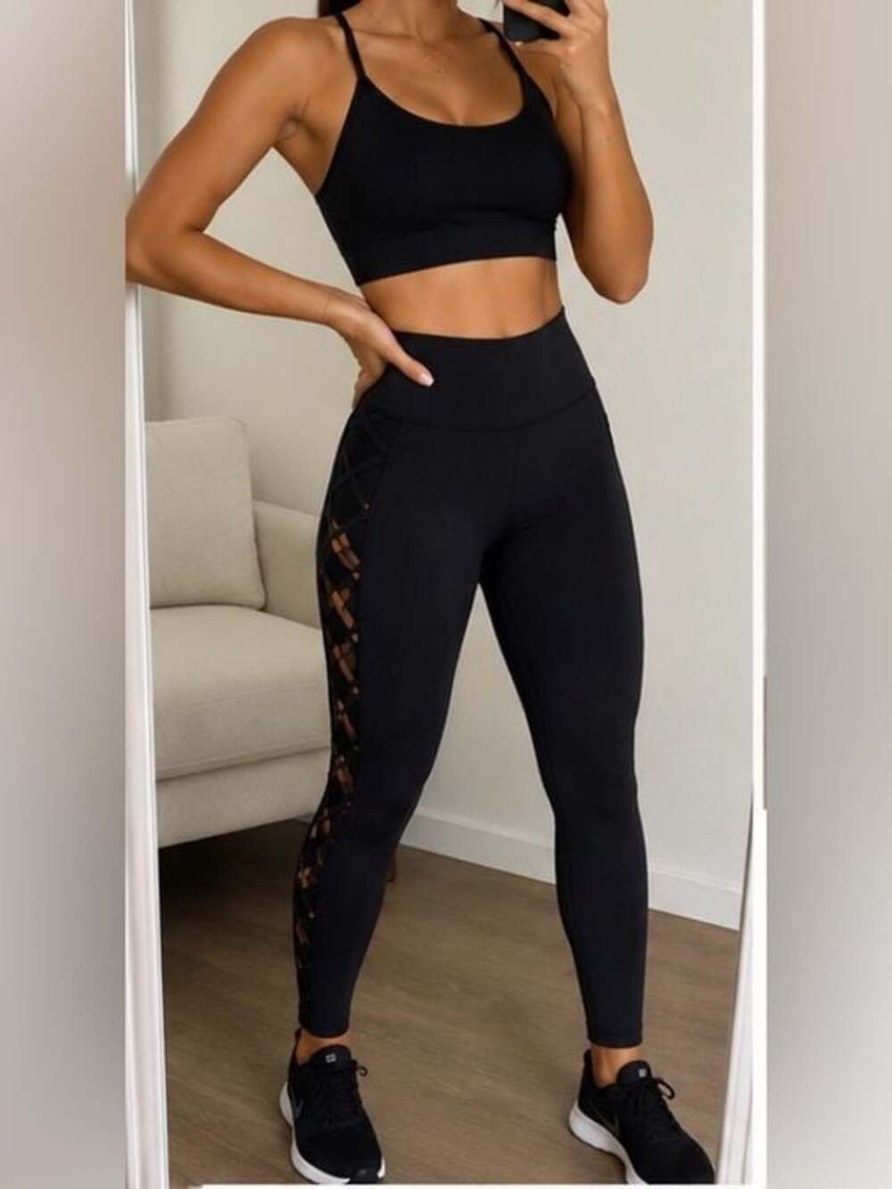 Victoria K Black High-Waist Lace-Up Side Panel Leggings
